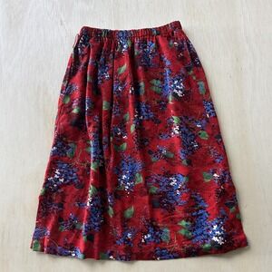 Vintage Isaac Hazan Skirt Womens Small Red Floral A-Line Midi Elastic Waist